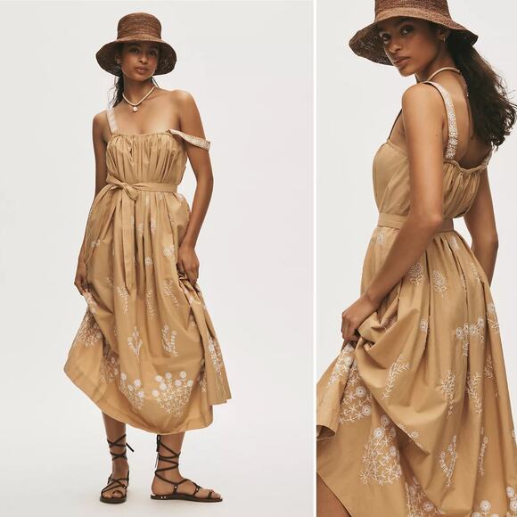 MOTHER The More is More Maxi Dress Khaki Embroidered Sundress Belted Boho L NWT - Picture 2 of 16